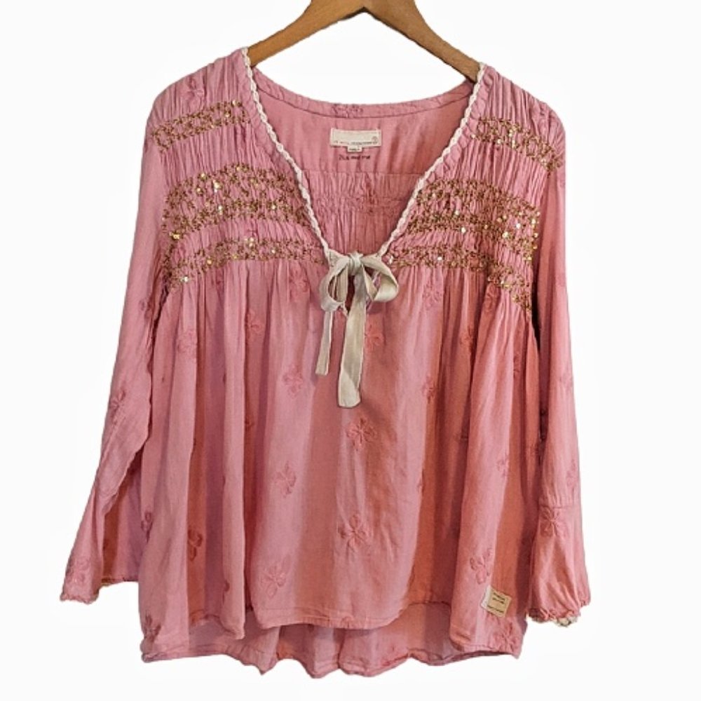 Odd Molly Dusty Rose Embroidered Peasant Blouse with Ribbon Tie